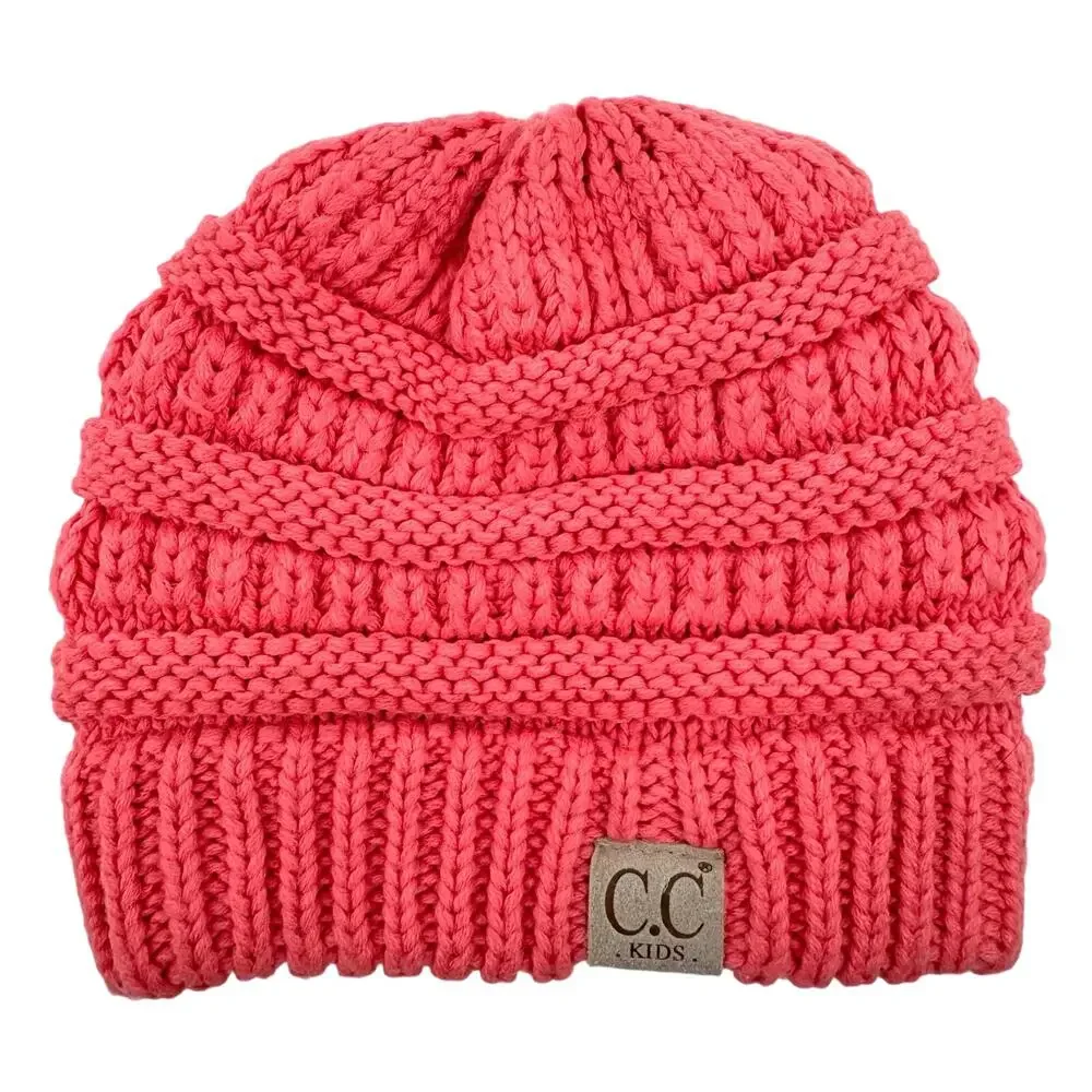 CC Pink Kids Cable Knit Beanie Hat Ribbed Knit Winter Beanie Hat Slouchy Fit OS